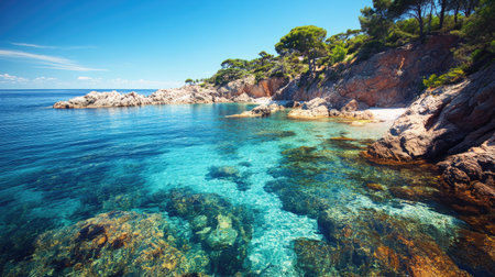 Clear blue sea along the European coast, no people, and copy space available for vacationの素材
