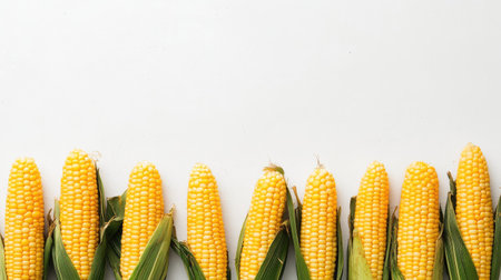 Corn cobs in a row, top view with white background and room for copy, ideal for food adsの素材