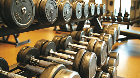 Gym weights on a rack with a workout bench, with plenty of room for copyの素材