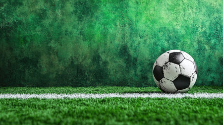 A soccer ball resting on a green field with white lines, plenty of space for text in the backgroundの素材