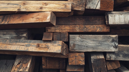 Wooden planks and steel beams scattered, ample copy space availableの素材