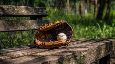 A baseball glove and ball lying on a bench, with open space for textの素材