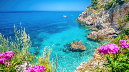 Clear blue sea along the European coast, no people, and copy space available for vacationの素材