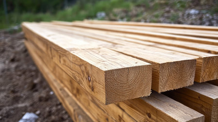 Wooden planks neatly arranged at a building site, with ample copy spaceの素材