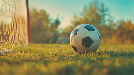 A soccer ball bouncing towards a goal, with plenty of space for textの素材
