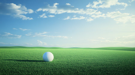 Golf ball and tee on a green field, with ample room for copy in the skyの素材