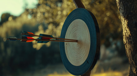 Archery bow and arrows resting on a target, open space for text in the backgroundの素材