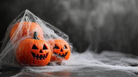 Halloween decorations with spider webs and jack-o'-lanterns, ample room for copyの素材