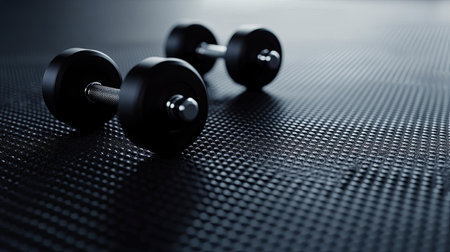 Set of dumbbells on a gym mat, with ample space for textの素材