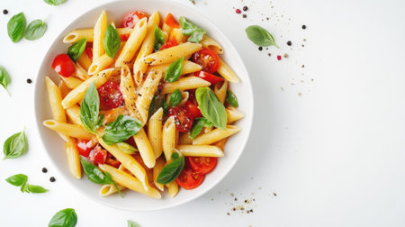 A bowl of penne pasta in a simple setting, top view with white background and text spaceの素材
