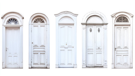 Different styles of white doors, isolated on a white background, ample space for text or designの素材