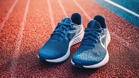 A pair of running shoes on a track, with ample room for textの素材