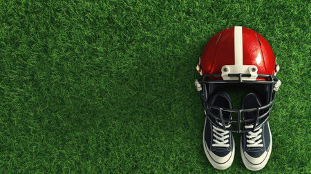 A football helmet and cleats on a grassy field, with open space for textの素材