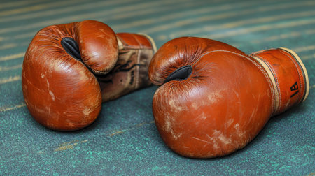 A pair of boxing gloves lying on a gym mat, with ample room for textの素材
