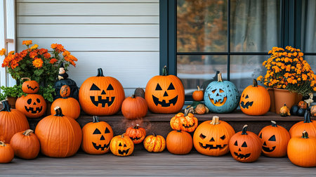 Halloween pumpkins on a porch, with ample room for copy in the sky fの素材