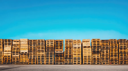 Wooden pallets stacked neatly, blue sky and copy space in the backgroundの素材