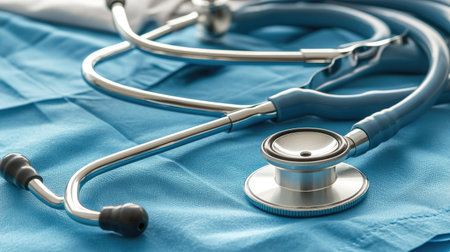 Close-up of medical tools and stethoscopes, no people, with space for healthcare messagingの素材