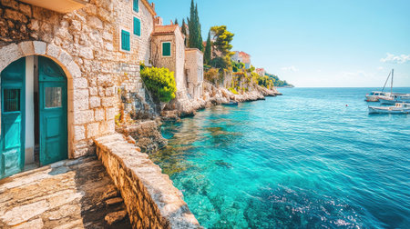 Beautiful European seaside view, no people, and copy space available for vacation brandingの素材