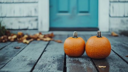 Halloween pumpkins on a wooden porch, with room for text in the backgroundの素材