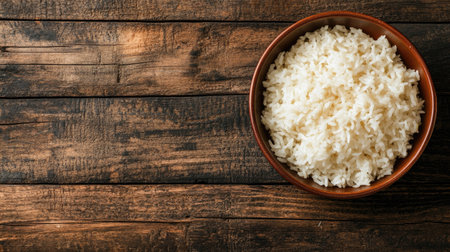 Bowl of perfectly steamed rice on a wooden table, top view, with copy space for food-related designs or adsの素材