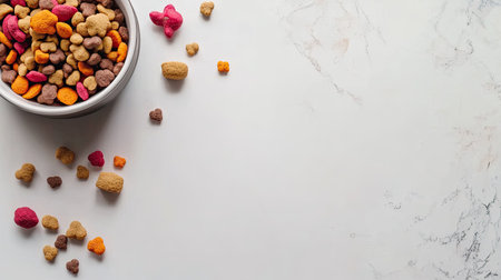 Dog food bowl and scattered toys, top view on a clean surface, with space for pet-related brandingの素材