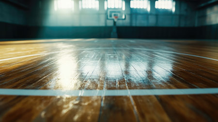 Close-up of an empty basketball court with a focus on the floor and lines, copy space available for designの素材