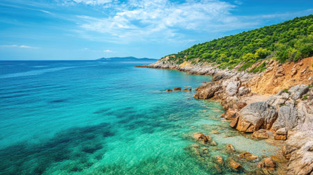 Coastal view of the European sea, no people, with copy space for travel and adventure-related contentの素材