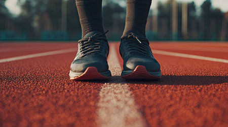 A pair of running shoes on a track, with ample room for textの素材