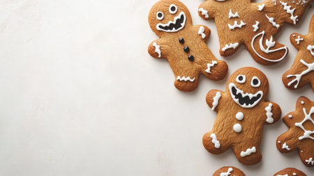 Spooky gingerbread cookies on a white surface, top view with ample copy space for Halloween-themed contentの素材