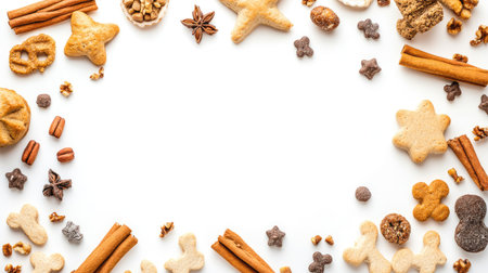 Dog treats and toys, top view with white background and room for text or pet-related designの素材