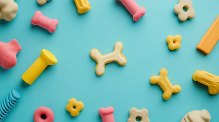 Dog treats and play items, top view with clean background and space for brandingの素材