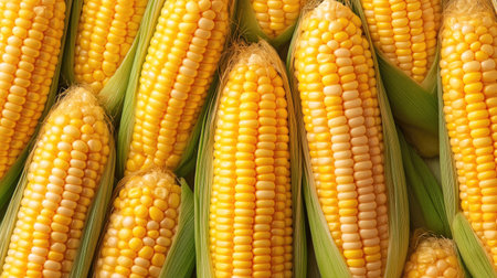 Fresh corn cobs arranged neatly, top view with copy space on a clean backgroundの素材