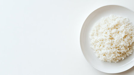 Fluffy rice served on a white plate, with ample space for text or logos on a clean white backgroundの素材