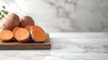 Front view of whole and sliced sweet potatoes on a wooden cutting board, isolated on white, with ample copy spaceの素材