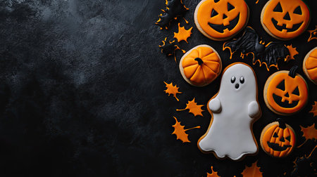 Halloween-themed cookies with bats, pumpkins, and ghosts, top view with copy space for festive designsの素材