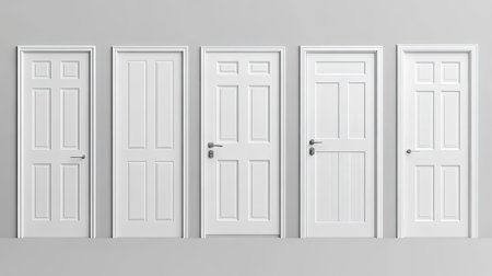 Set of white doors, isolated on a plain background, with space for text or brandingの素材