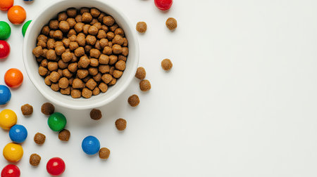 Top view of dry dog food and colorful toys, clean white background with space for messaging or brandingの素材