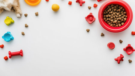 Top view of colorful dog toys and food bowl, clean white background with ample copy space for pet contentの素材