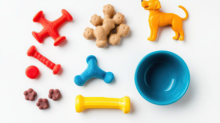 Top view of colorful dog toys and food bowl, clean white background with ample copy space for pet contentの素材