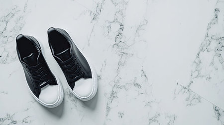 Minimalist top view of sneakers on a clean surface, copy space available for fashion or lifestyle contentの素材