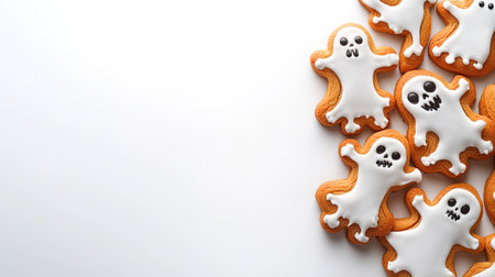 Top view of Halloween cookies, including skeletons and ghosts, on a white background with space for copyの素材