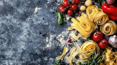Italian pasta set displayed in a minimalist arrangement, top view with space for text or logosの素材