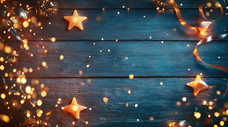 Christmas lights and ribbons scattered on a rustic wooden table with space for textの素材