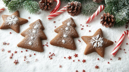 Christmas cookies shaped like stars and trees with candy canes on a snowy table. Space for copyの素材