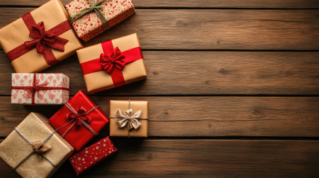 Christmas presents wrapped with bows, scattered on a wooden floor with space for textの素材