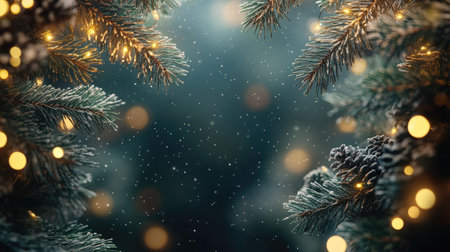 Christmas tree branches with fairy lights framing the edge of the image. Ample space for a holiday messageの素材