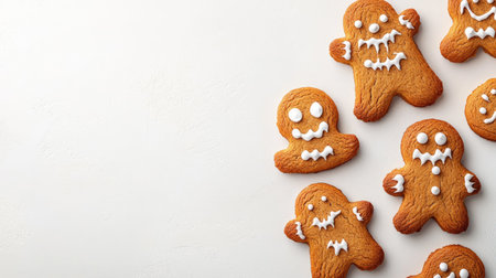 Spooky gingerbread cookies on a white surface, top view with ample copy space for Halloween-themed contentの素材