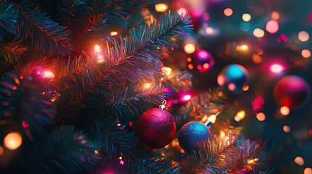 Close-up of glowing Christmas tree lights with copy space for holiday greetingsの素材