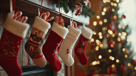 Christmas stockings filled with small gifts and candy canes on a fireplace. Plenty of room for copyの素材