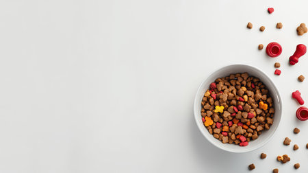 Top view of dog food bowl and toys, white background with ample space for textの素材